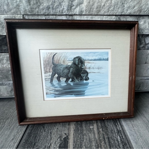 Vintage Tara Moore Lab Pups Framed Print 2 Labrador Puppies and water bug Signed - Picture 11 of 14